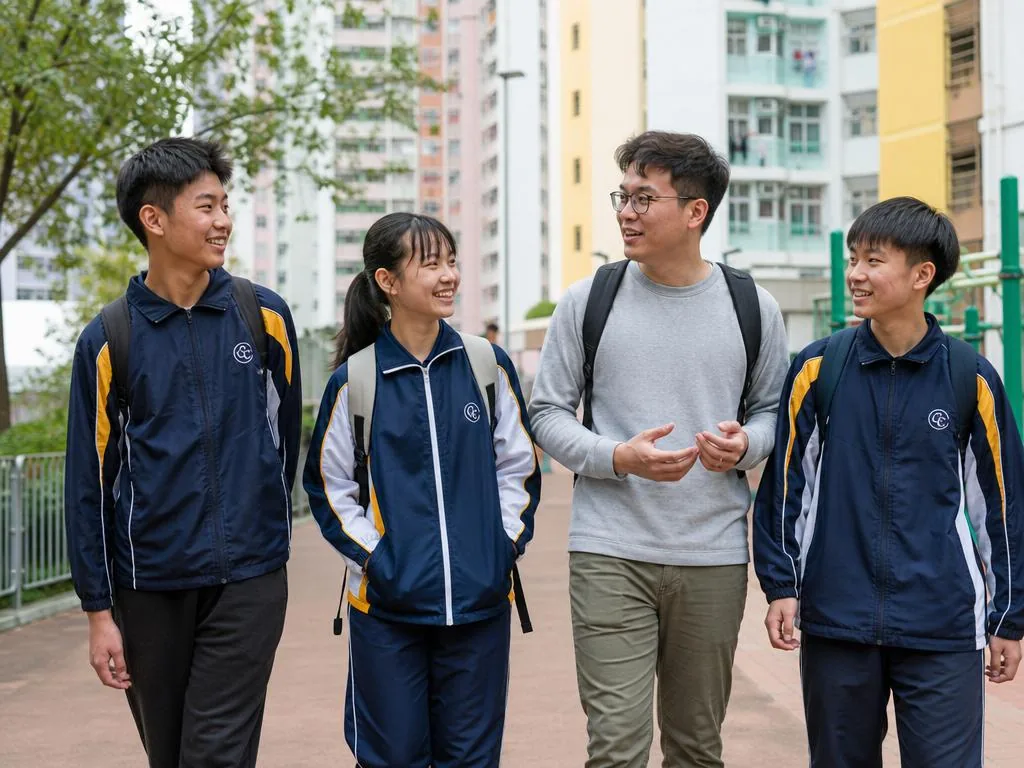 導師與青少年在屋邨社區同行交談