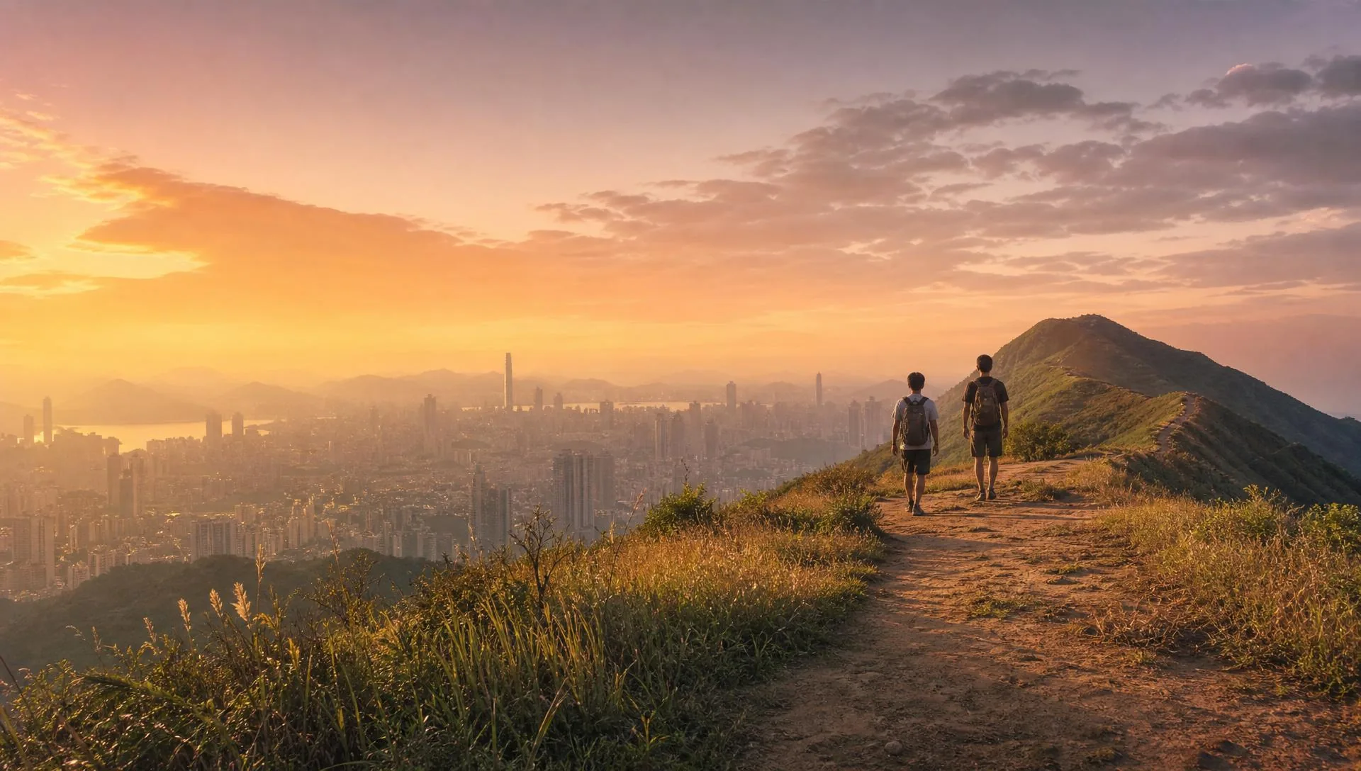 兩位身影沿著香港山脊小徑走向夕陽，遠處香港城市天際線在金色薄霧中延展