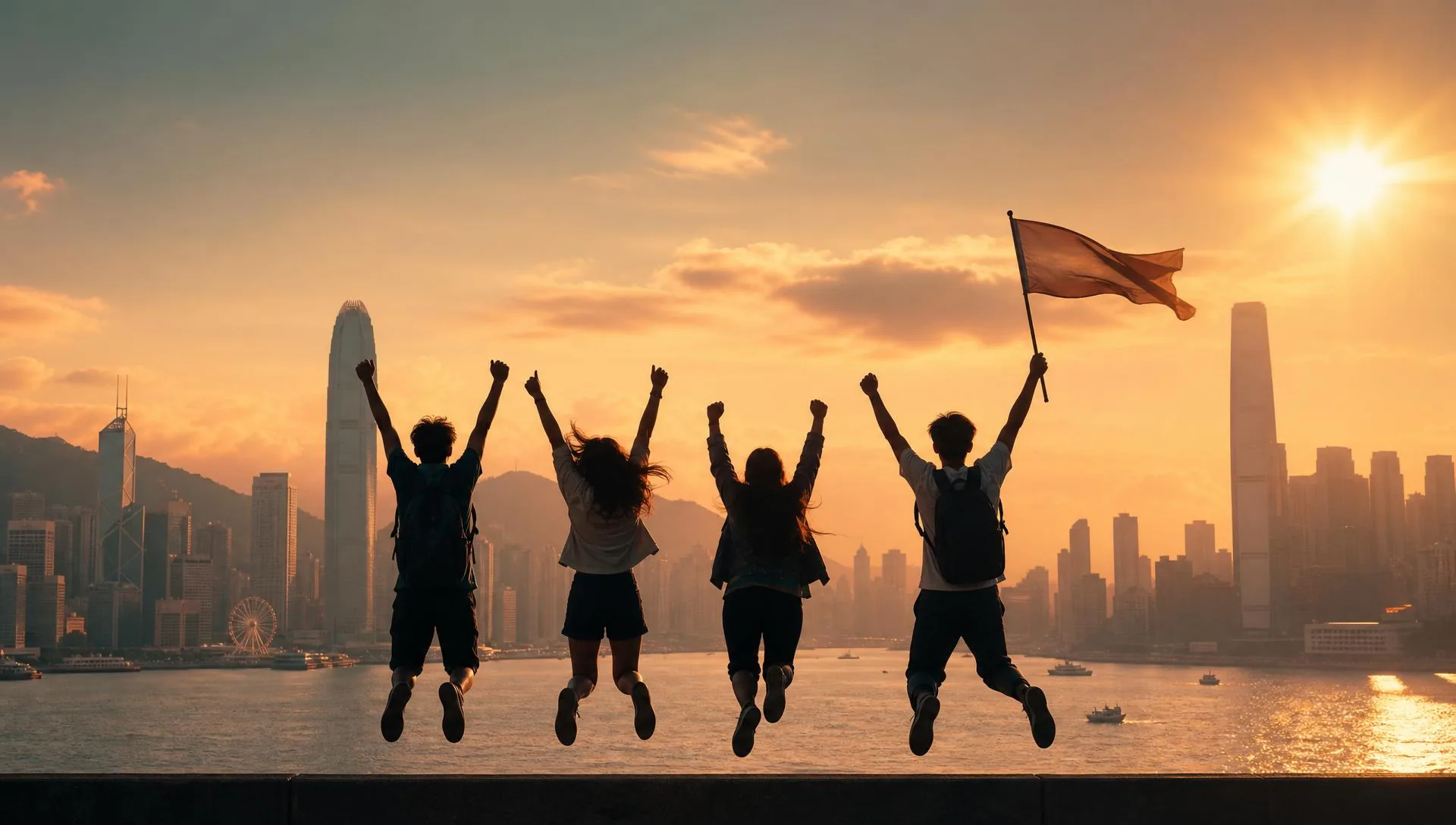 香港青少年於維多利亞港旁迎向夕陽舉臂歡呼